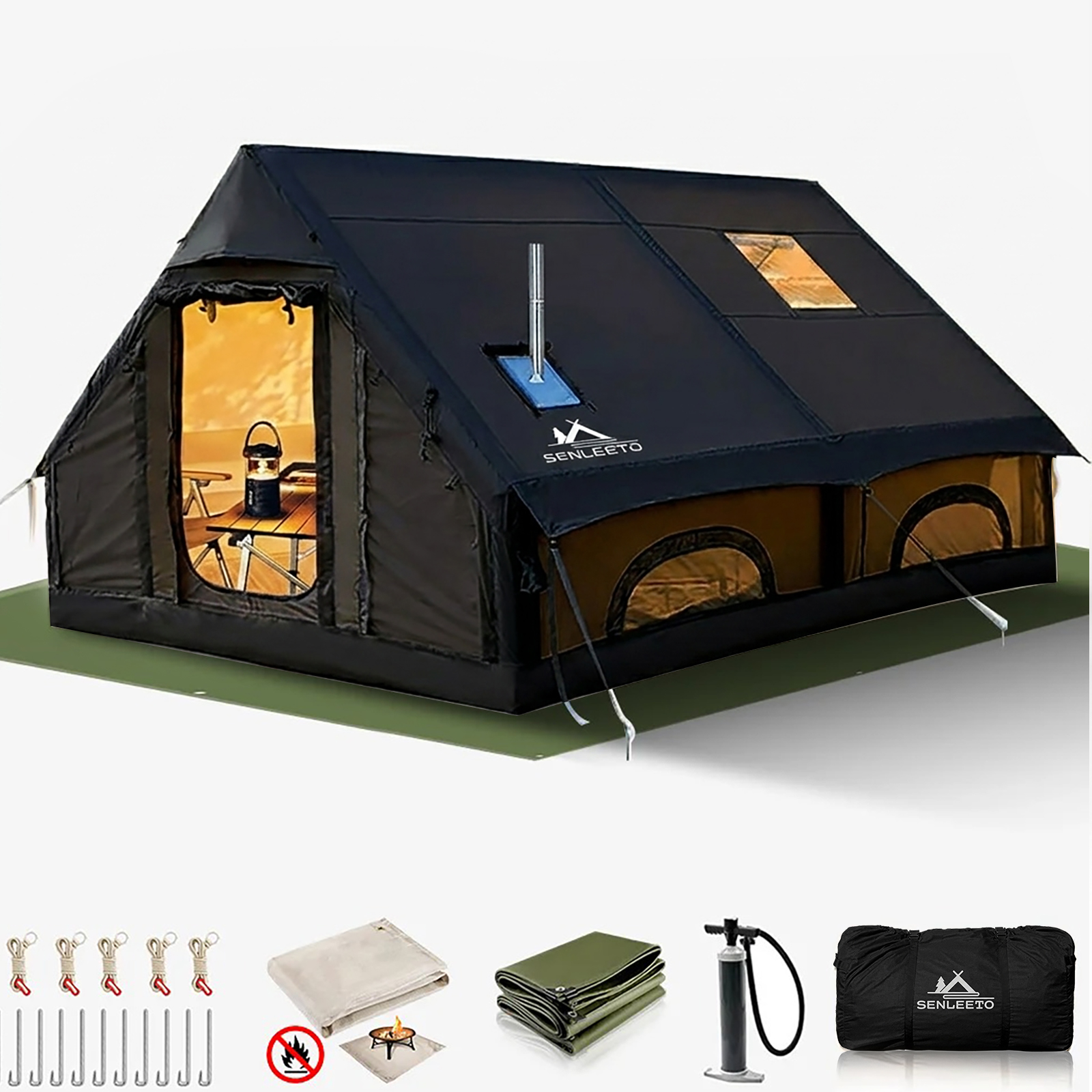 Outdoor Camping Mats Large - SENLEETO 129FT² Black Inflatable Camping Tent